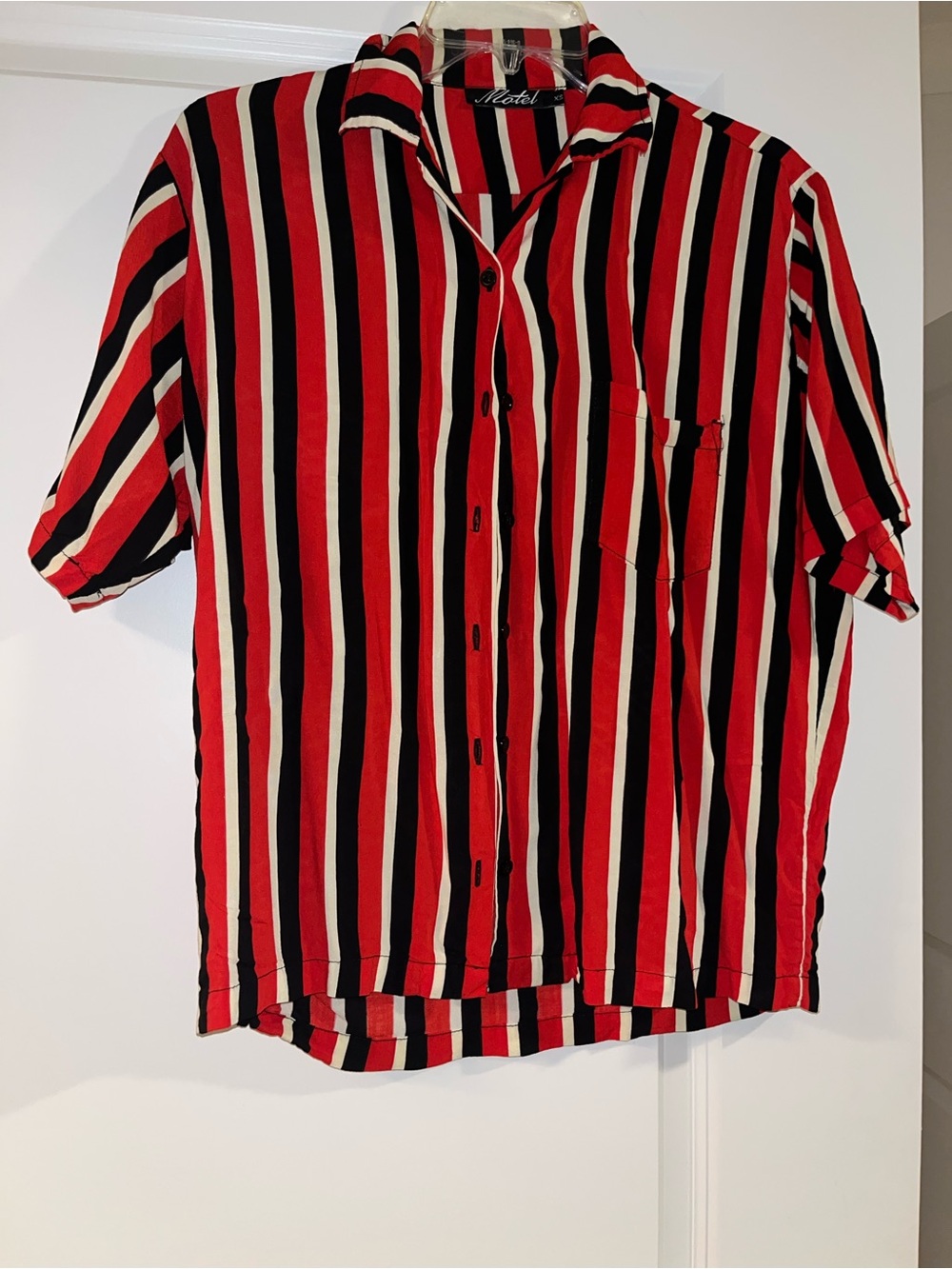 UGA Motel Rocks Red Black White Vertical Stripe Short Sleeve Button Shirt
